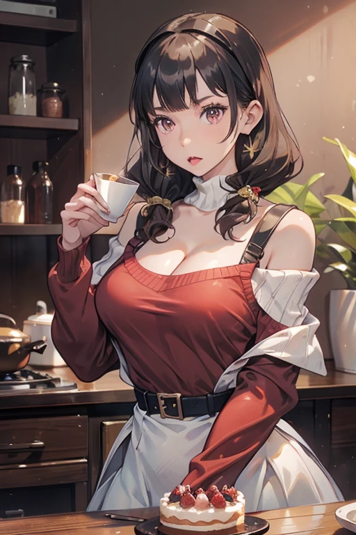 masterpiece, yor, 1girl, Amazing Cleavage:1.3, thin waist, big ass, Raised sexy, medium breast: 1.8 posed cleavage:1.2、solo, looking at viewer, open mouth, have a cup of coffee,black hair, red eyes, dress, bare shoulders, jewelry, collarbone, sidelocks, hairband, earrings, indoors, off shoulder, :o, sweater, arms behind back, plant, short hair with long locks, white hairband, off-shoulder dress, sweater dress, off-shoulder sweater, red sweater, big side hair, very long side hair,is rendered in (masterpiece: 1.2, best quality), with (ultra high resolution) and an exquisite (depth of field). This masterpiece is not only visually stunning but also tells, make of cake cooking ,in the kitchen