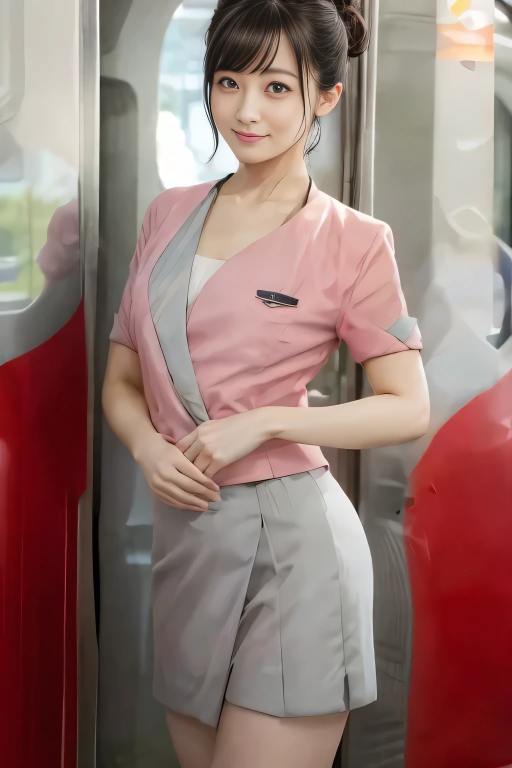 (masterpiece:1.2, highest quality:1.2), 32K HDR, High resolution, (alone、1 girl)、（On the rooftop of a building in the daytime、Professional Lighting）、Building rooftop background、（Nankai train crew uniform pinkを着たリアルスタイル）、（Nankai train crew uniform pink short sleeve pink jacket、Nankai Train Crew Uniform Pink Collarless Short Sleeve Blouse、Nankai Train Crew Uniform Pink Grey Knee-length Culottes）、Dark brown hair、（Hair tied up、Hair Bun、Hair Bun）、Dark brown hair、Long Shot、Big Breasts、Thin legs、（（Great hands：2.0）），（（Harmonious body proportions：1.5）），（（Normal limbs：2.0）），（（Normal finger：2.0）），（（Delicate eyes：2.0）），（（Normal eyes：2.0））)、smile、（Nankai Train Crew Uniform Pink Grey Knee-length Culottesを見せた美しい歩く姿）、Place your hands around your stomach