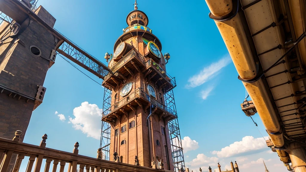 (masterpiece, highest quality, highest quality), steampunk,Standing on top of a tall tower,juvenile,Above the airship,look up,Bright colors