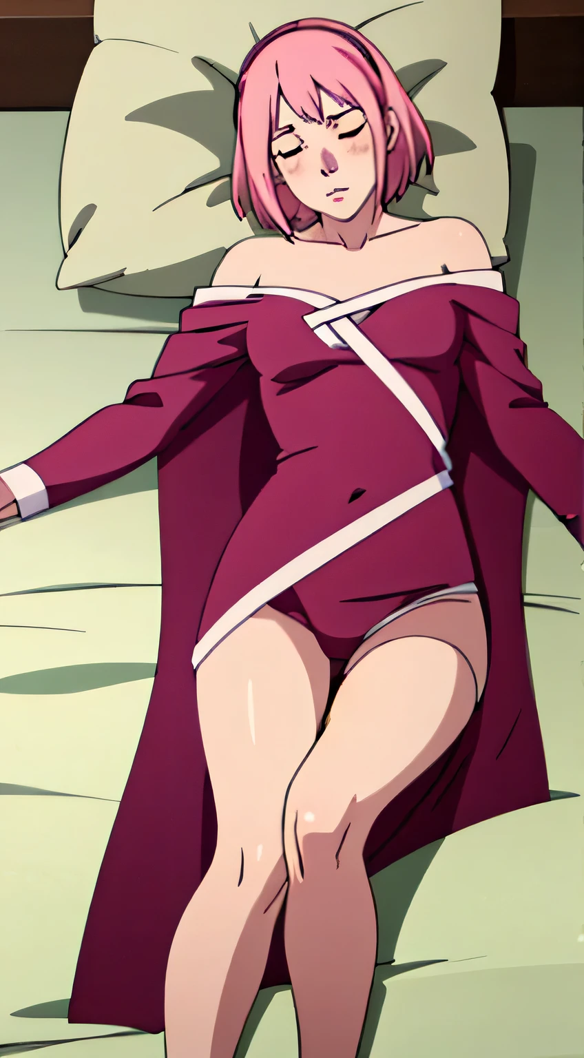 A girl with Madura zakura haruno hair lying on the bed, blushing, eyes closed, slender body, thin legs, full body shot, wearing sexy sleepwear, highly detailed, 8k, ultra-realistic, cinematic lighting, photorealistic, masterpiece