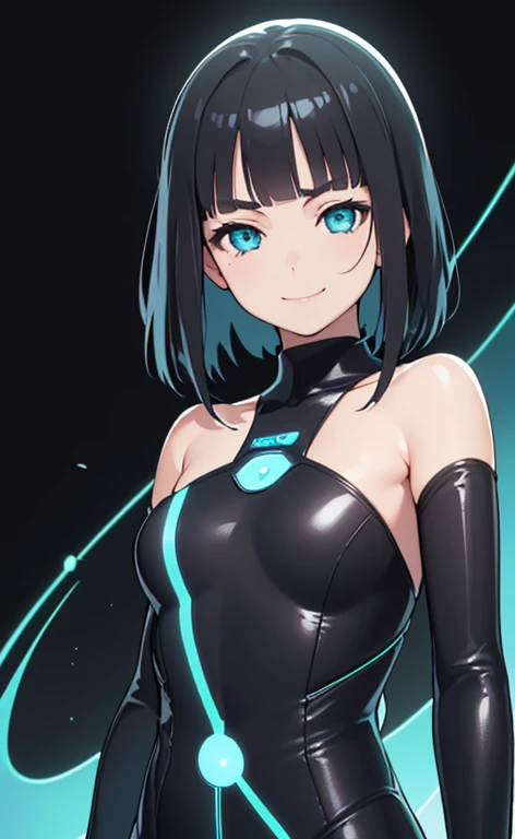 (Photorealistic:1.4)、(,20-year-old:1.5),(masterpiece、Blue lens flare:1.5、spot light:1.2、Exquisite beautiful eye:1.5,portlate),(kind eyes、tareme:1.9),()、Cute Face、 3D Face、(black hair:1.5)、(middle hair:1.5),(sidelock :1.5),(blunt bangs:1.3),(1 woman)、(aqua eyes:1.2)、(upper body:1.5)、(forced smile:1.5)、(half closed eyes),(head tilt) ,(Cute face:1.2),(flat chest),(),kind face,(strapless plugsuit:1.5),(black background:1.5)、()、()、 Neat and clean、Adorable、Demure,Slim Body(),Shiny Hair、()、