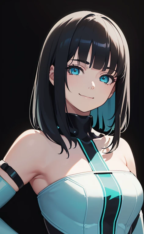 (Photorealistic:1.4)、(,20-year-old:1.5),(masterpiece、Blue lens flare:1.5、spot light:1.2、Exquisite beautiful eye:1.5,portlate),(kind eyes、tareme:1.9),()、Cute Face、 3D Face、(black hair:1.5)、(middle hair:1.5),(sidelock :1.5),(blunt bangs:1.3),(1 woman)、(aqua eyes:1.2)、(upper body:1.5)、(forced smile:1.5)、(half closed eyes),(head tilt) ,(Cute face:1.2),(flat chest),(),kind face,(strapless plugsuit:1.5),(black background:1.5)、()、()、 Neat and clean、Adorable、Demure,Slim Body(),Shiny Hair、()、