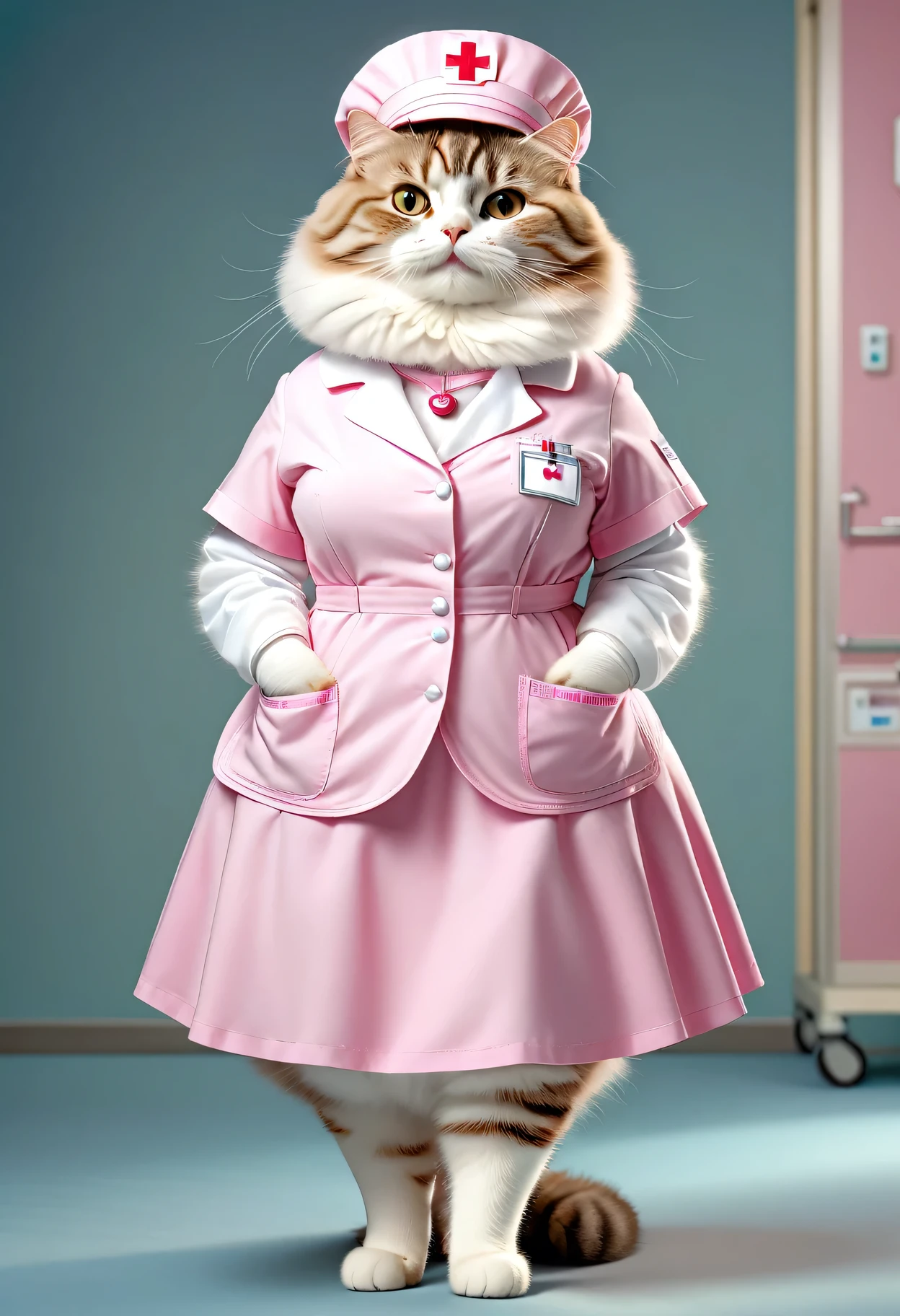 photorealistic portrait of Dressed animals - a ((fat)) angora cat nurse,(elegant pose:1.2),(hands in pockets:1.5), (elegant smile:1.2),high quality,(lovely) ,intricate details, highly detailed (( pink nurse costume)), wearing nurse cap and skirt , highly detailed medical equipment , (happy), perfect lighting,(full body image:1.5),(hospital background:2.0)
