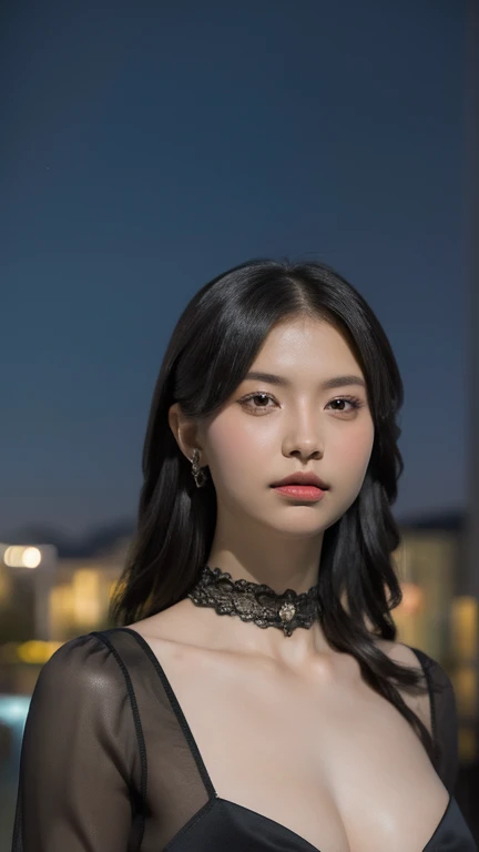 masterpiece, best quality, super high resolution, photography, realistic, super realistic, photorealistic, cinematic lighting, A young adult woman wearing a black dress and looking kindly against the night sky, cowboy shot, portrait, hill, milkyway