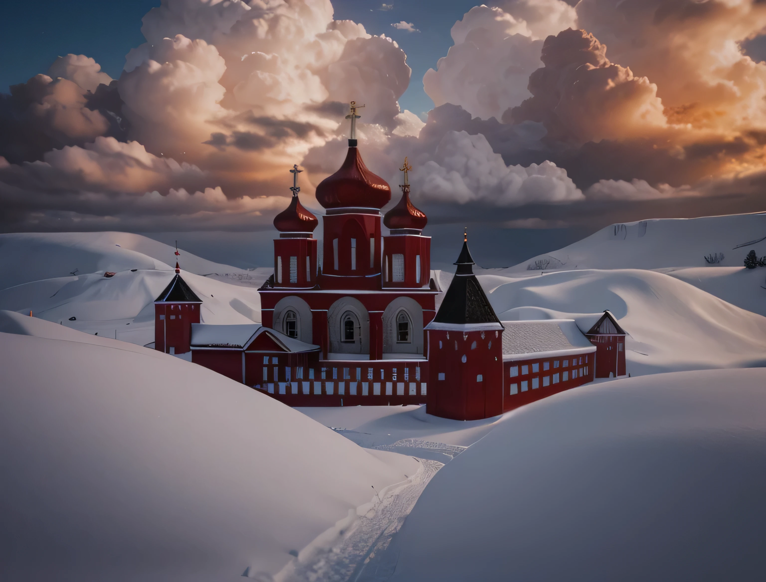 realistic red church, snow, clouds