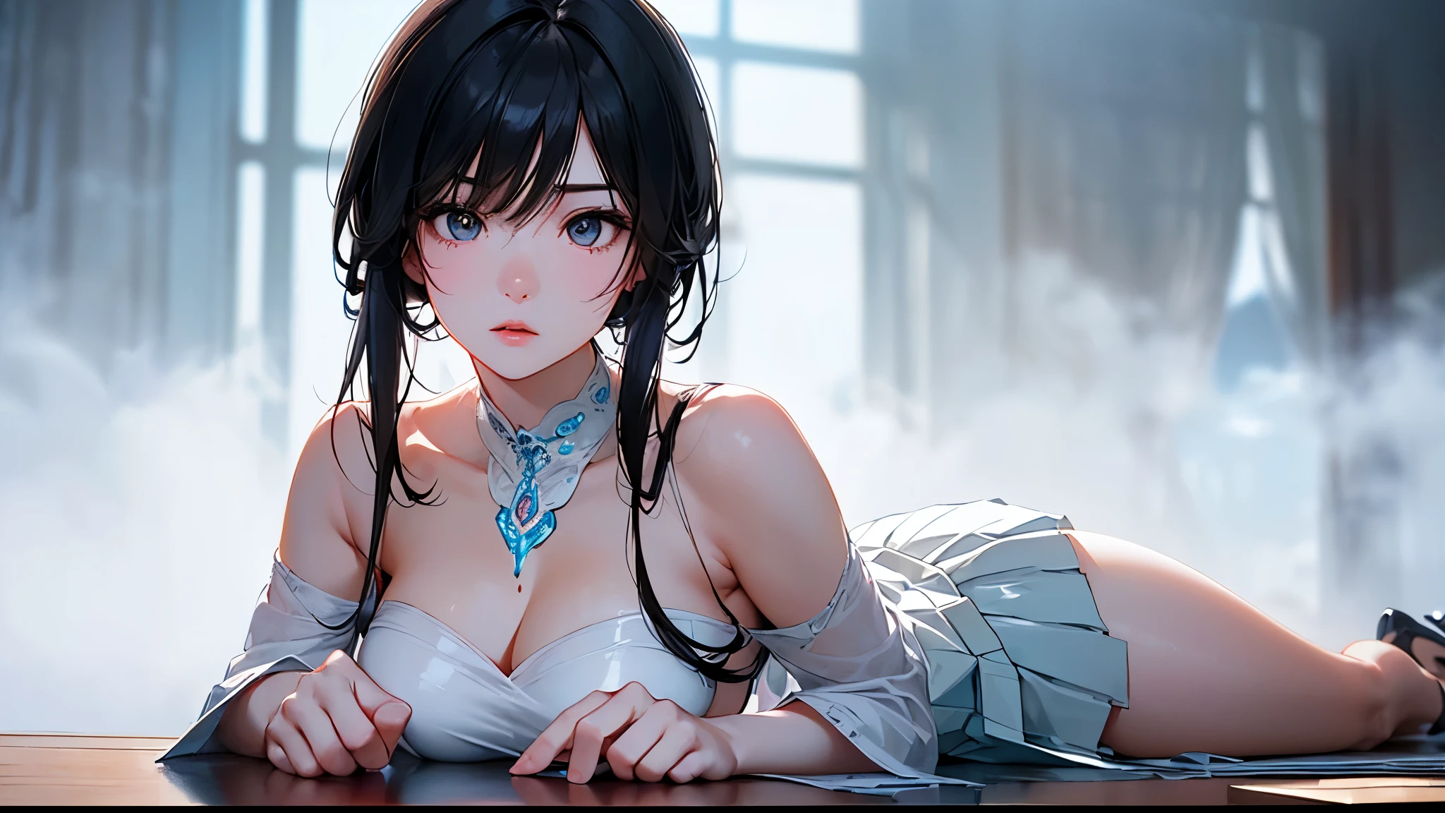 ((Biologically correct limb count))、(( Illustrations including faces))、4K、Masterpiece、((Focus on the face))、((Symmetrical, well-proportioned facial features))、Eyes with delicate depictions、Beautiful woman、Outstanding style、Slender Body、(Recruitment Suit、High heels、((skirt)))、(Looking up)、((Upper body close-up))、((Realistic photo))、(The background is the office、computer)、(((Thick Fog、The fog makes it hard to see)))、Look Up、Photo with white border、lie down、Prone
