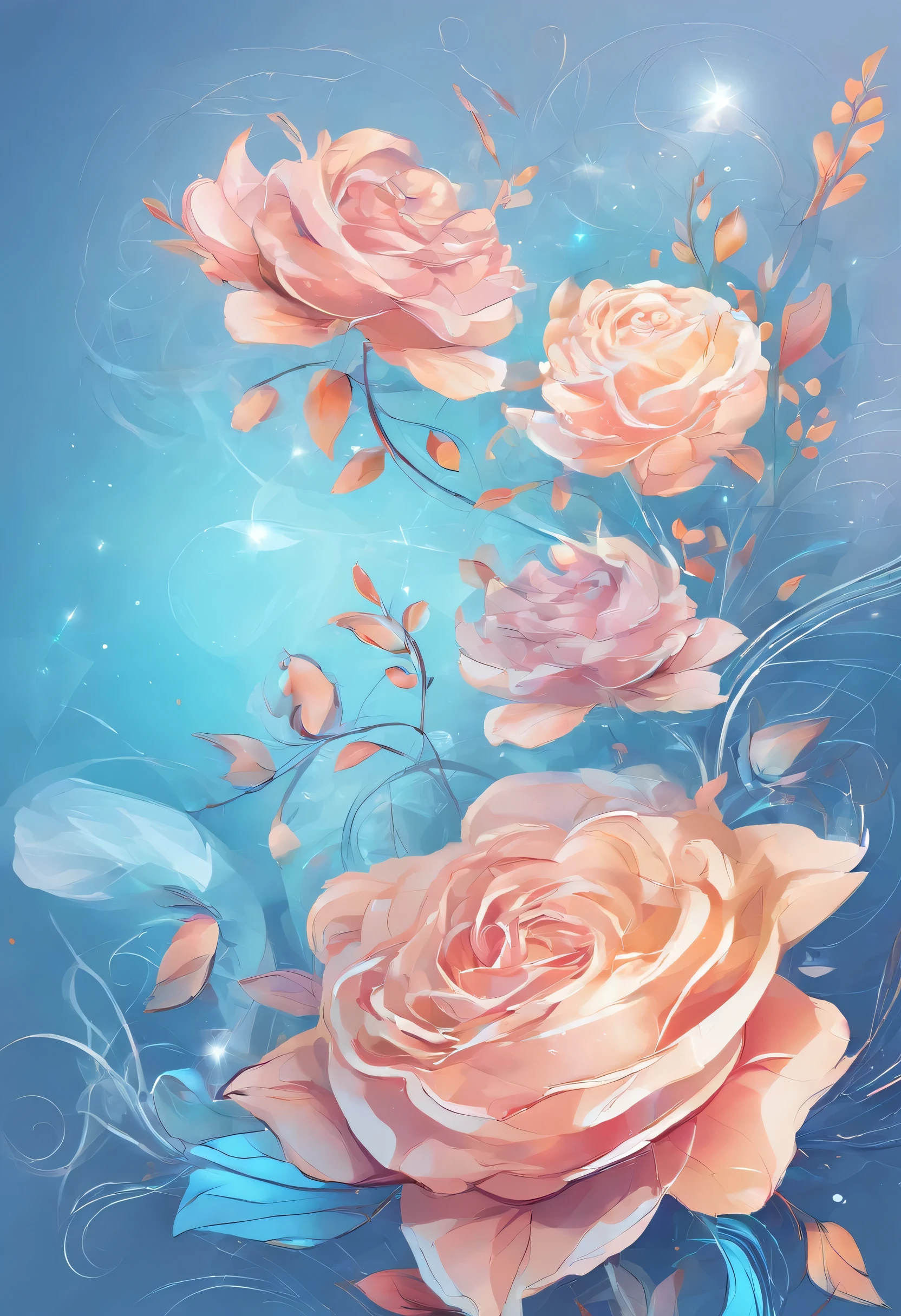 create a vectorized a digital twin of a beautilful birthday bouquet of flowers with roses use blue vector lines with luminosity on a blueish futuristic looking background
