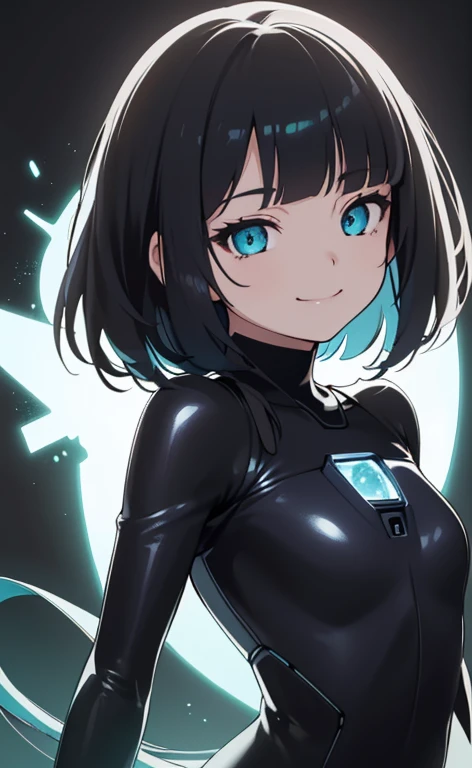 (Photorealistic:1.4)、(,20-year-old:1.5),(masterpiece、Blue lens flare:1.5、spot light:1.2、Exquisite beautiful eye:1.5,portlate),(kind eyes、tareme:1.9),()、Cute Face、 3D Face、(black hair:1.5)、(middle hair:1.5),(sidelock :1.5),(blunt bangs:1.3),(1 woman)、(aqua eyes:1.2)、(upper body:1.5)、(forced smile:1.5)、(half closed eyes1.3),(head tilt) ,(Cute face:1.2),(flat chest),(),kind face,(strapless plugsuit:1.5),(black background:1.5)、()、()、 Neat and clean、Adorable、Demure,Slim Body(),Shiny Hair、()、