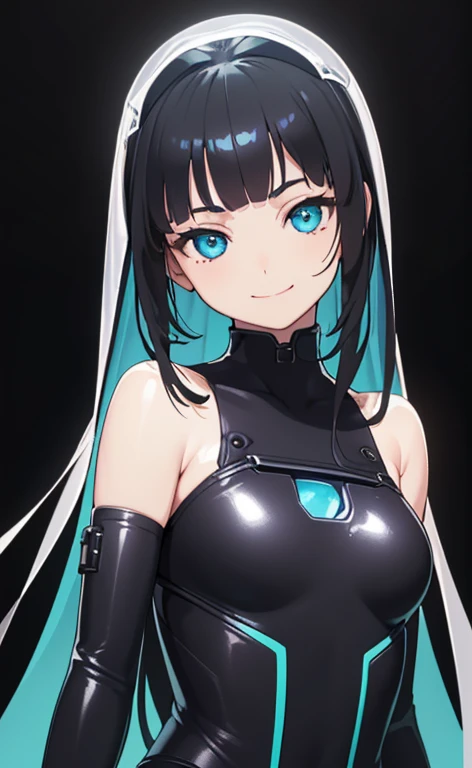 (Photorealistic:1.4)、(,20-year-old:1.5),(masterpiece、Blue lens flare:1.5、spot light:1.2、Exquisite beautiful eye:1.5,portlate),(kind eyes、tareme:1.9),()、Cute Face、 3D Face、(black hair:1.5)、(middle hair:1.5),(sidelock :1.5),(blunt bangs:1.3),(1 woman)、(aqua eyes:1.2)、(upper body:1.5)、(forced smile:1.5)、(half closed eyes1.3),(head tilt) ,(Cute face:1.2),(flat chest),(),kind face,(strapless plugsuit:1.5),(black background:1.5)、()、()、 Neat and clean、Adorable、Demure,Slim Body(),Shiny Hair、()、