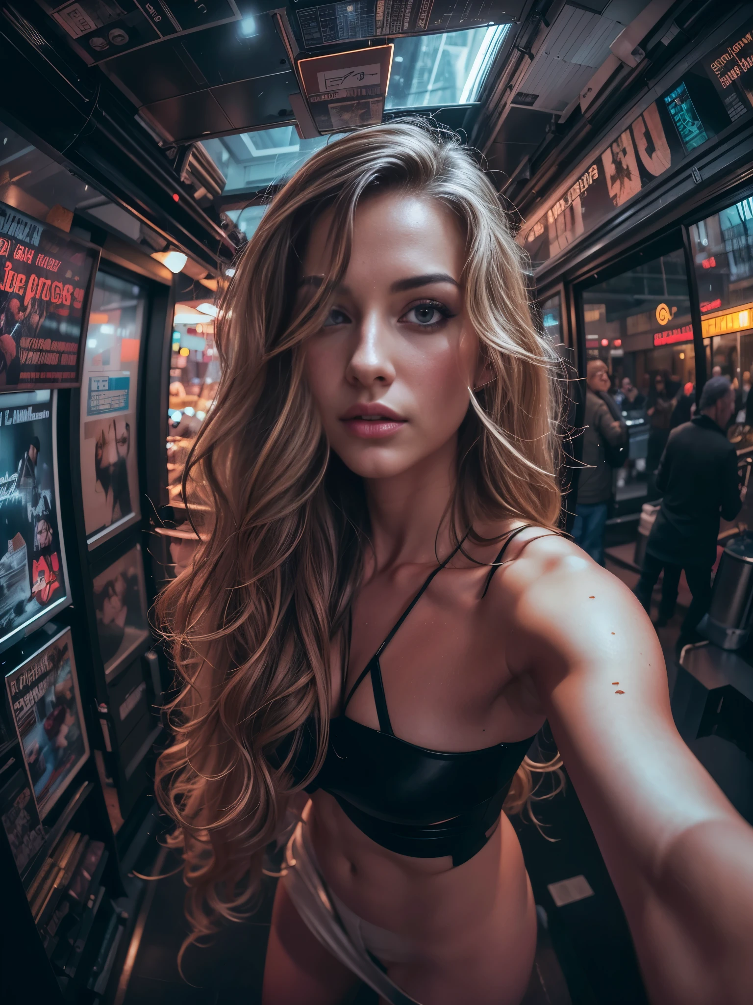 ((Fisheye)) ((from above))One ultra hot gorgeous European woman. Age 23. She’s a playmate and men magazine model. She’s posing like in Monalisa painting, perfect shiny blonde hair. RAW, beautiful woman, (extra long wavy brown hair), ((detailed face:1.2)), ((detailed facial features)), (finely detailed skin), (high detailed deep cleavage cyberpunk ((steel)) dress), cyberpunk snowy megacity environment at night, (cold colors), damp, moist, reflection masterpiece) (perfect proportion)(realistic photo)(best quality) (detailed) photographed on a Canon EOS R5, 50mm lens, F/2.8, HDR, (8k) (wallpaper) (cinematic lighting) (dramatic lighting) (sharp focus) (intricate)