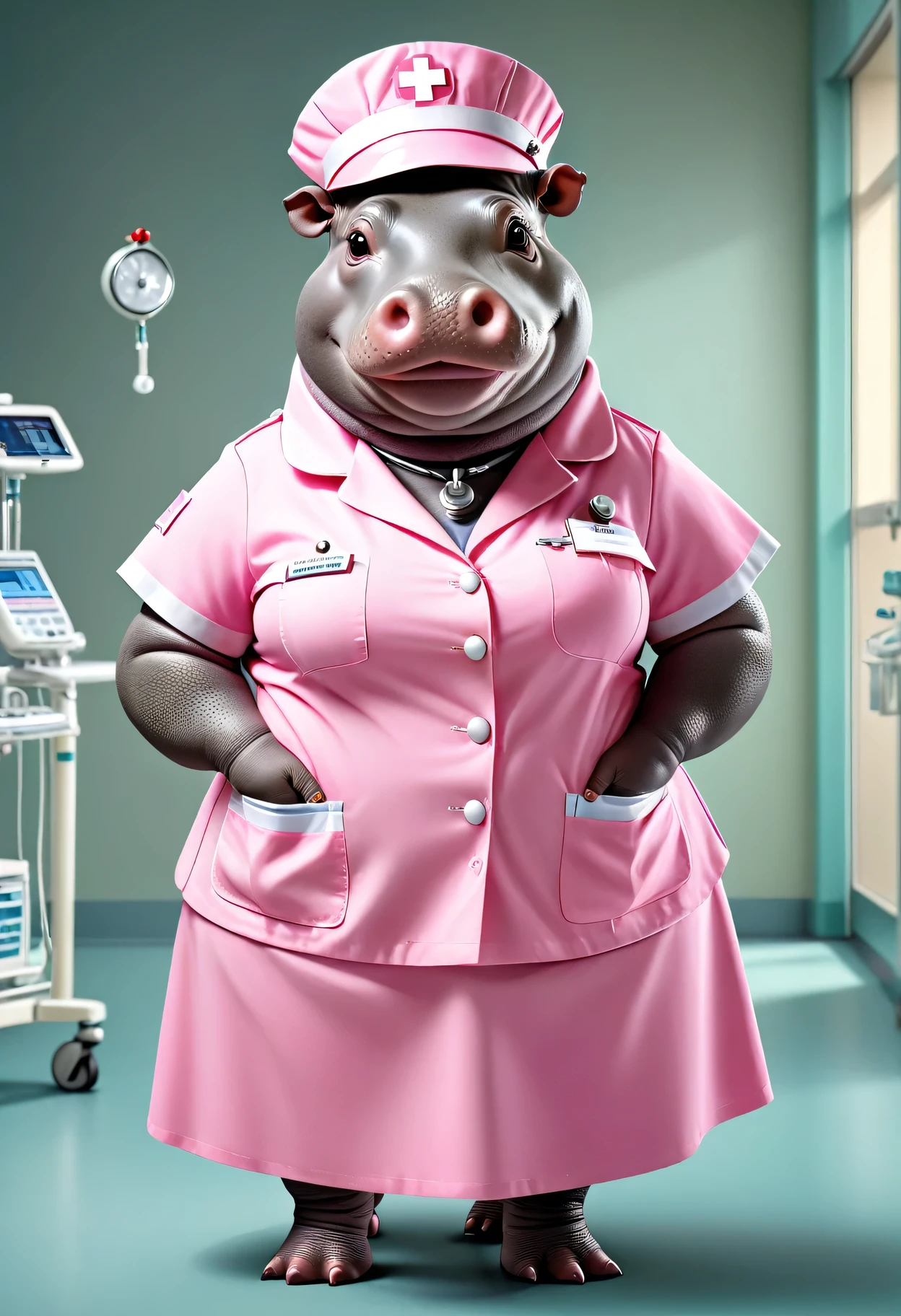 photorealistic portrait of Dressed animals - a ((fat)) hippo nurse,(elegant pose:1.2),(hands in pockets:1.5), (elegant smile:1.2),high quality,(lovely) ,intricate details, highly detailed (( pink nurse costume)), wearing nurse cap and skirt , highly detailed medical equipment , (happy), perfect lighting,(full body image:1.5),(hospital background:2.0)