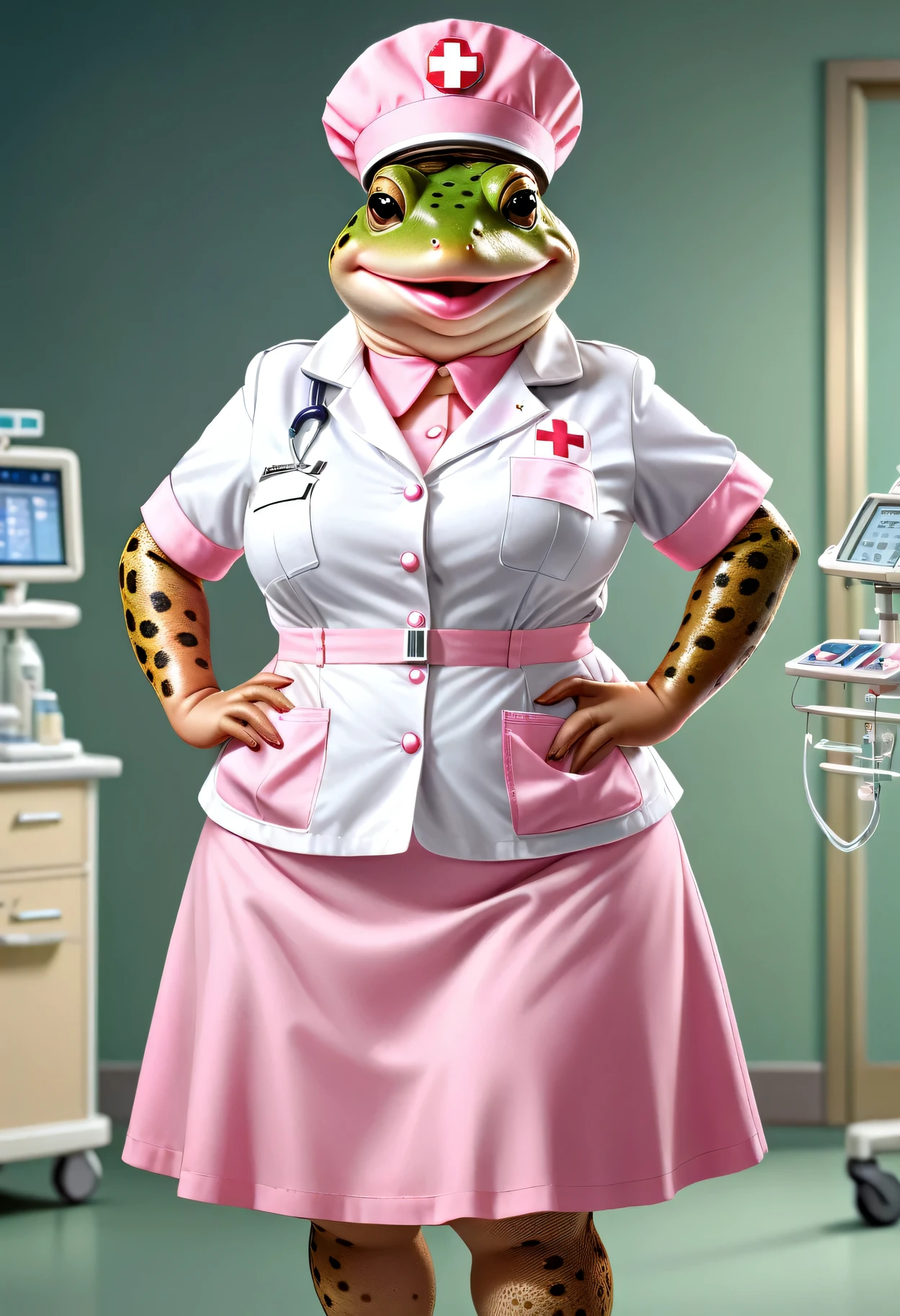 photorealistic portrait of Dressed animals - a ((fat)) toad nurse,(elegant pose:1.2),(hands in pockets:1.5), (elegant smile:1.2),high quality,(lovely) ,intricate details, highly detailed (( pink nurse costume)), wearing nurse cap and skirt , highly detailed medical equipment , (happy), perfect lighting,(full body image:1.5),(hospital background:2.0)