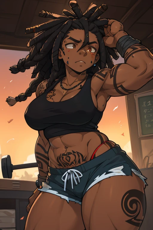 dark skin middle aged small  drugged Jamaican , tired and moody, on drugs, messy black dreads, tattoos, hands wrapped in bandage, ripped shorts, tank top, breasts spillage, holding nunchaku
