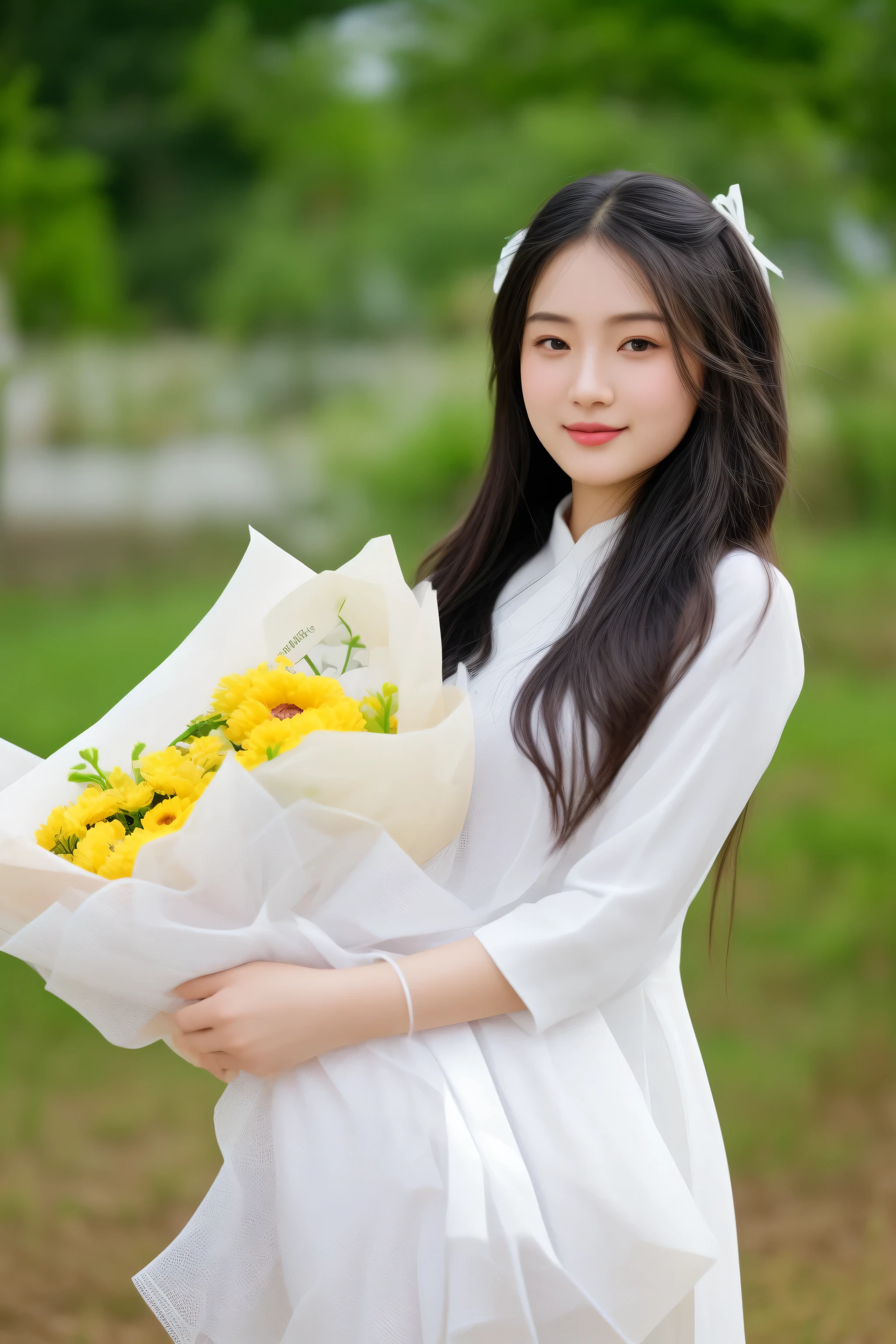 arafed asian woman in white dress holding a bouquet of flowers, young asian girl, a young asian woman, asian girl with long hair, asian girl, beautiful asian girl, with flowers, young asian woman, young and cute girl, a cute young woman, korean girl, carrying flowers, beautiful young korean woman, chinese girl, holding flowers, cute young girl