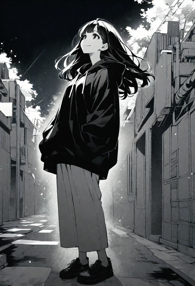 solo, handsome, darkness,Monochrome,1 Female, Straight Hair,Long Hair, Braided black hair, black eyes, Nakano Nino,casual,black Oversized hoodie,casual,Stylish,monotone,cool,smile,Sexy,
black background,whole body,look up,Void