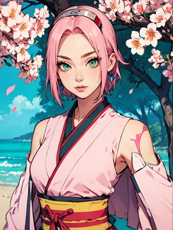 young woman, short shoulder-length pink hair, wide forehead, porcelain skin, pink eyebrows, big emerald green eyes, buttoned nose, full lips, heart-shaped face, slender body, small breasts, red tank top, Sakura Haruno , realistic, realism, details, 3d, well detailed