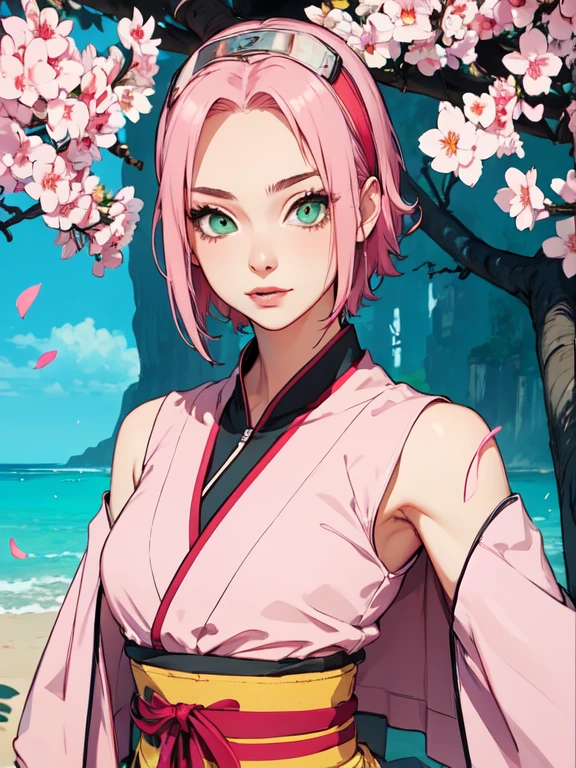 young woman, short shoulder-length pink hair, wide forehead, porcelain skin, pink eyebrows, big emerald green eyes, buttoned nose, full lips, heart-shaped face, slender body, small breasts, red tank top, Sakura Haruno , realistic, realism, details, 3d, well detailed
