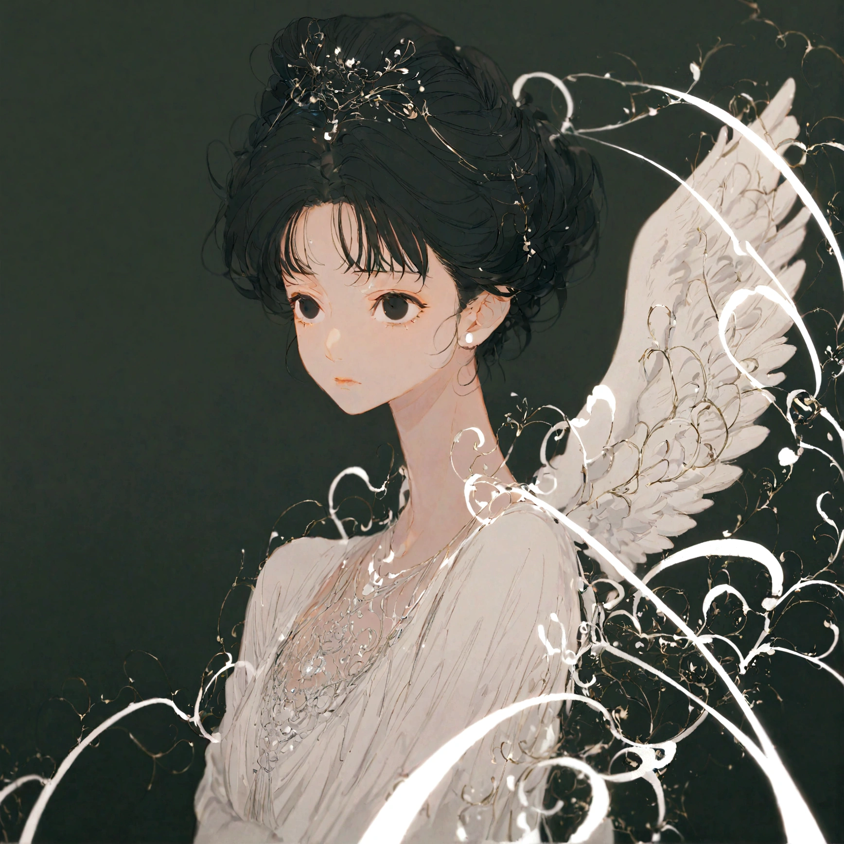 Black Hair,short hair,black eye,Angel's wing,Black clothes,Gender unknown,Expressionless,The lines are a little rough,No breasts