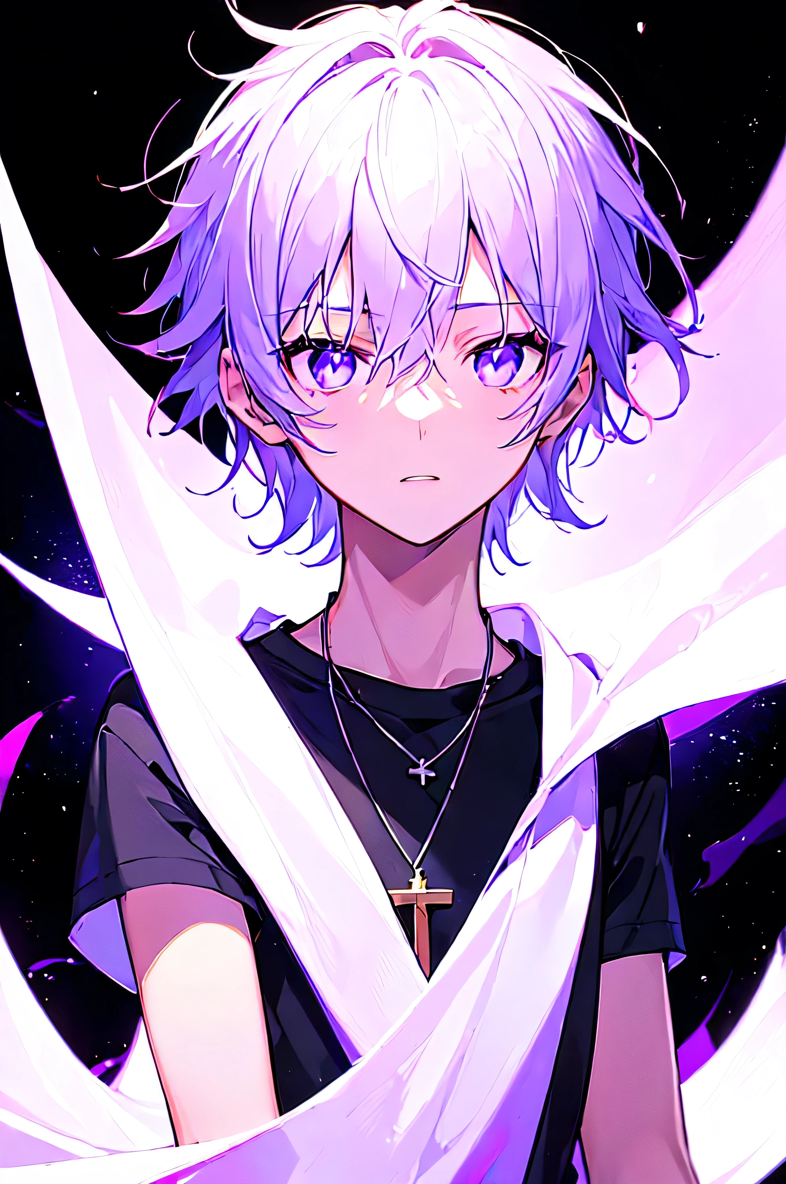 [(BLACK BACKGROUND:1.5)], ((((masterpiece)))), high quality, ((solo)), ((1 younger boy)), ((white short hair)), (purple color eyes), upper body, civilian clothes white, Necklace of crosses, (purple effect:1), anime,