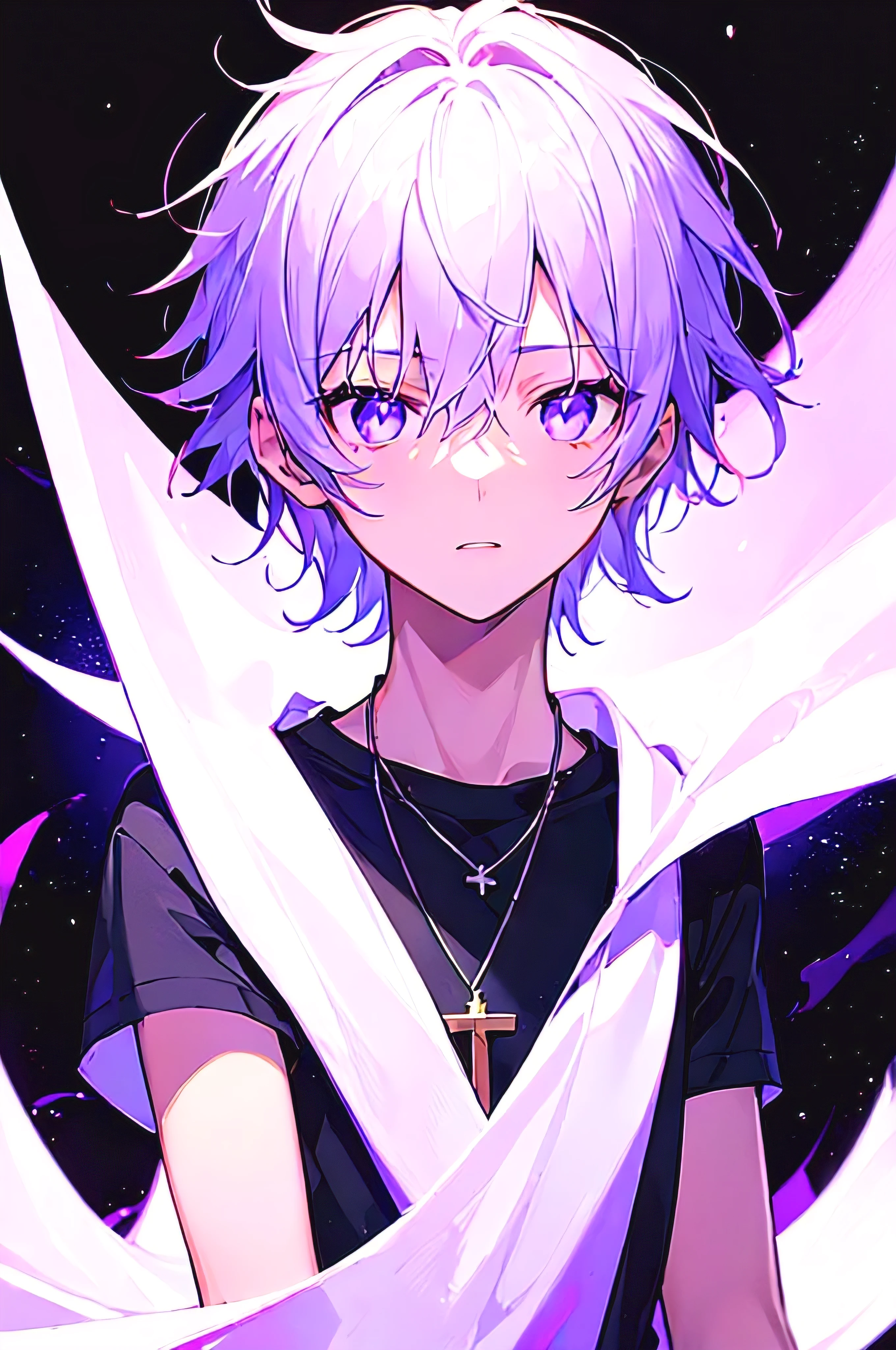[(BLACK BACKGROUND:1.5)], ((((masterpiece)))), high quality, ((solo)), ((1 younger boy)), ((white short hair)), (purple color eyes), upper body, civilian clothes white, Necklace of crosses, (purple effect:1), anime,
