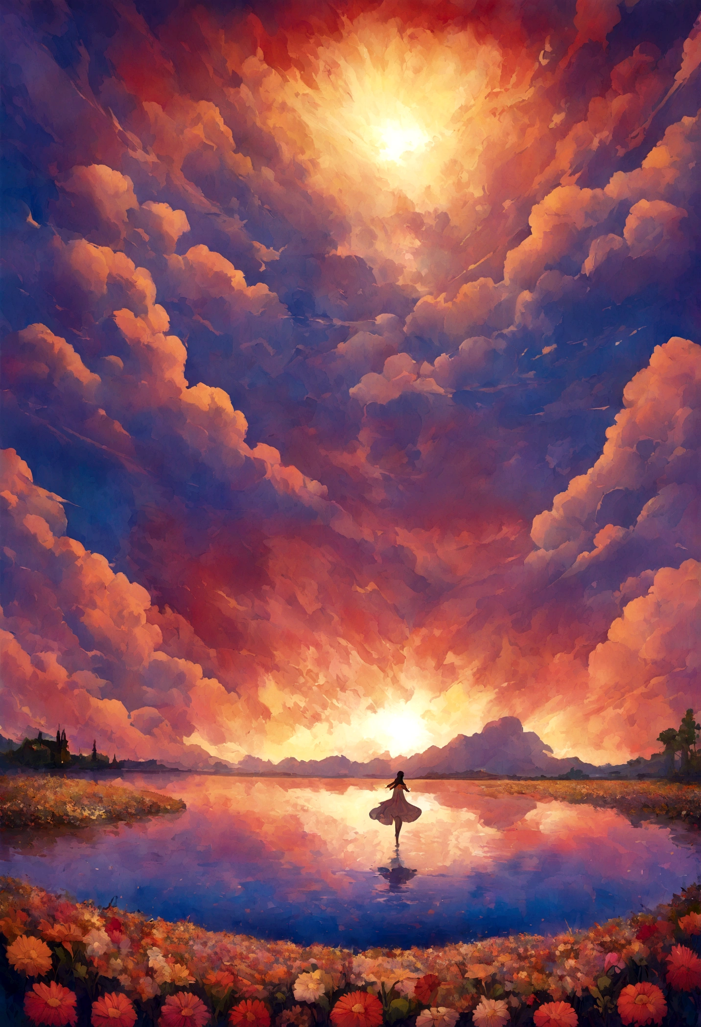 A painting of a sunset with large clouds floating over the water, Surrealist paintings by Michael Sutphin, pixiv Contest Winner,, Explosions paint the sky, Greg Beeple, ,sunset, Psychedelic Cloud, Just a joke, Sunset Psychedelic, glowing clouds, Dreamscape painting, Burning Clouds、bouquet、Flower Field、bless、Toast、Euphoria、happiness