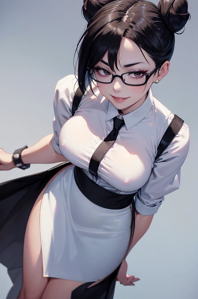 juri han, work of art, secretary shirt with black tie, black high waist skirt, short skirt, short hair, black hair, black tights evil smile,oculos