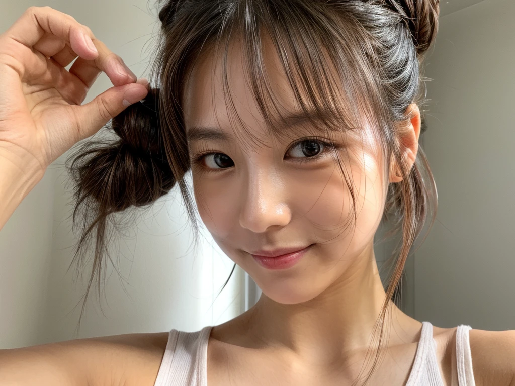 ((high detail)), 1 female, long hair, (messy bun), weaing white tanktop, high detail hair and scalp, soft smile, selfie