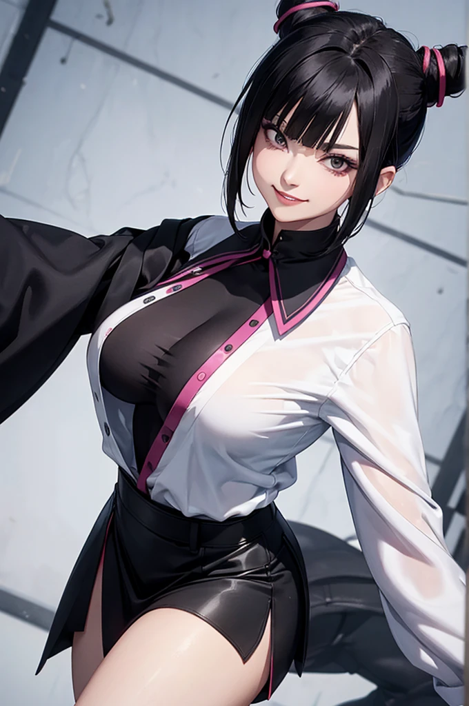 juri han, work of art, tight white secretary shirt with black tie, black high waist skirt, short skirt, short hair, black hair, black tights evil smile,oculos