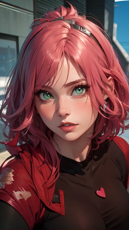 young woman, short shoulder-length pink hair, wide forehead, porcelain skin, pink eyebrows, big emerald green eyes, buttoned nose, full lips, heart-shaped face, slender body, small breasts, red tank top, Sakura Haruno , realistic, realism, details, 3d, well detailed
