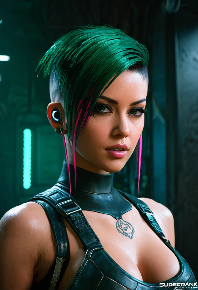 Judy Alvarez from cyberpunk phantom liberty 2077, Judy Alvarez character, cyborg, head implant, (close up shot:1.5), {(cyberpunk 2077)}, (low angle shot view), (masterpiece:1.5), (ultra quality:1.5), (best image:1.5), very gorgeous Judy Alvarez, (((illustration from The game cyberpunk: phantom liberty 2077))), (((Judy Alvarez symmetrical pixie cut hair style))), Judy Alvarez tattoo type from the game, Rose and spider web tattoos on neck and arm, ((top hair dark green and below hair dark pink color hair)), (straight hair), dark brown eyes, wearing an ash color sleeveless top, beautiful eyes, beautiful cyber room, night, beautiful cyber room, digital art, cyberpunk 2077, medium breasts{round, perky}, beautiful eyes, bicep band}, (Darkness:1.5), grainy, blurred background, (ray tracing), (soft focus), fujicolor, color diffraction, deep shadows, (chiaroscuro:1.3)