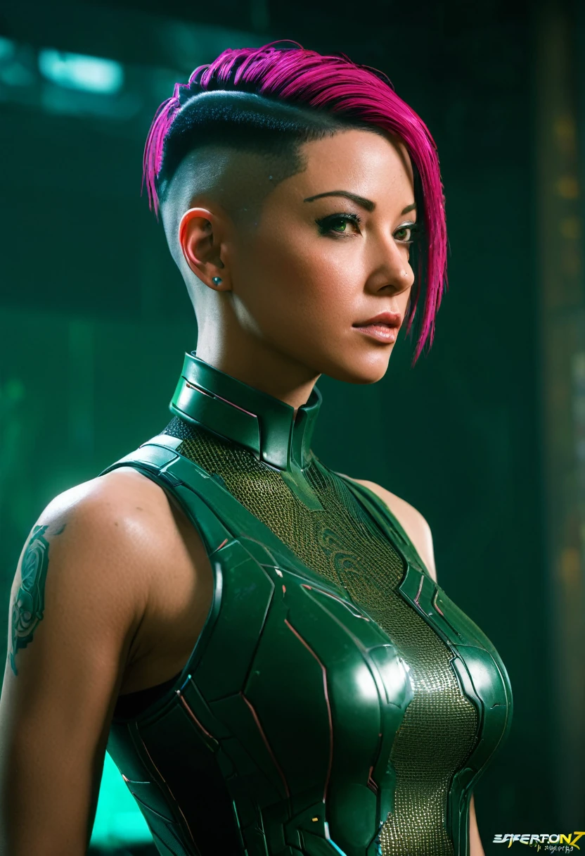 Judy Alvarez from cyberpunk phantom liberty 2077, Judy Alvarez character, cyborg, head implant, (close up shot:1.5), {(cyberpunk 2077)}, (low angle shot view), (masterpiece:1.5), (ultra quality:1.5), (best image:1.5), very gorgeous Judy Alvarez, (((illustration from The game cyberpunk: phantom liberty 2077))), (((Judy Alvarez symmetrical pixie cut hair style))), Judy Alvarez tattoo type from the game, Rose and spider web tattoos on neck and arm, ((top hair dark green and below hair dark pink color hair)), (straight hair), dark brown eyes, wearing an ash color sleeveless top, beautiful eyes, beautiful cyber room, night, beautiful cyber room, digital art, cyberpunk 2077, medium breasts{round, perky}, beautiful eyes, bicep band}, (Darkness:1.5), grainy, blurred background, (ray tracing), (soft focus), fujicolor, color diffraction, deep shadows, (chiaroscuro:1.3)