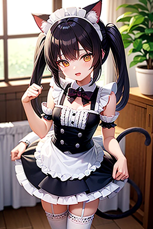little anime girl with cat ears and tail in a maid costume shows her pussy
