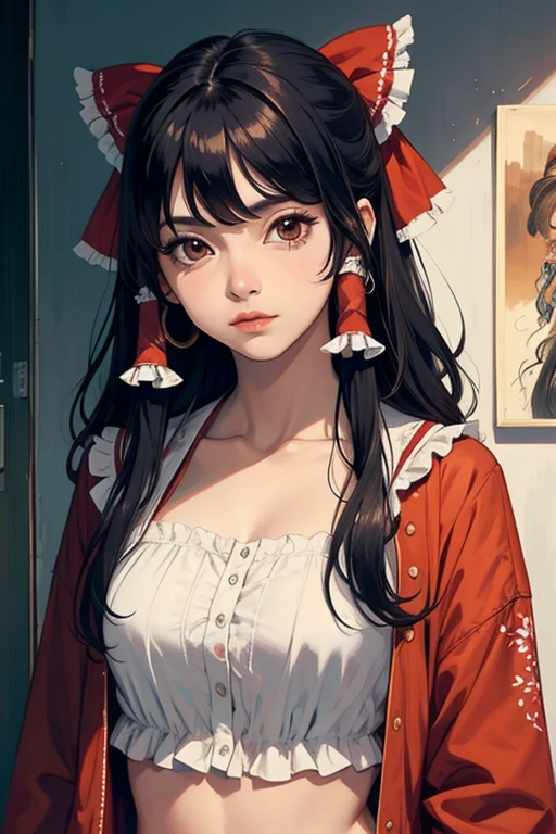 ((melhor qualidade)), ((Obra de arte)), (detalhado), 1 mulher, Reimu Dark, Roupas pretas, Anime, adorno oriental de cabelo, corpo inteiro