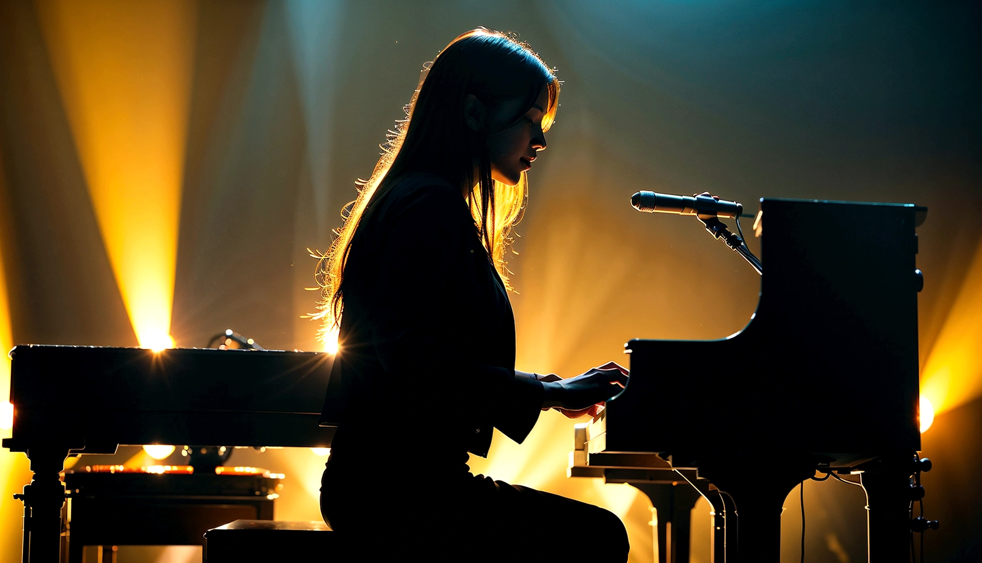 Woman playing keyboard。On stage