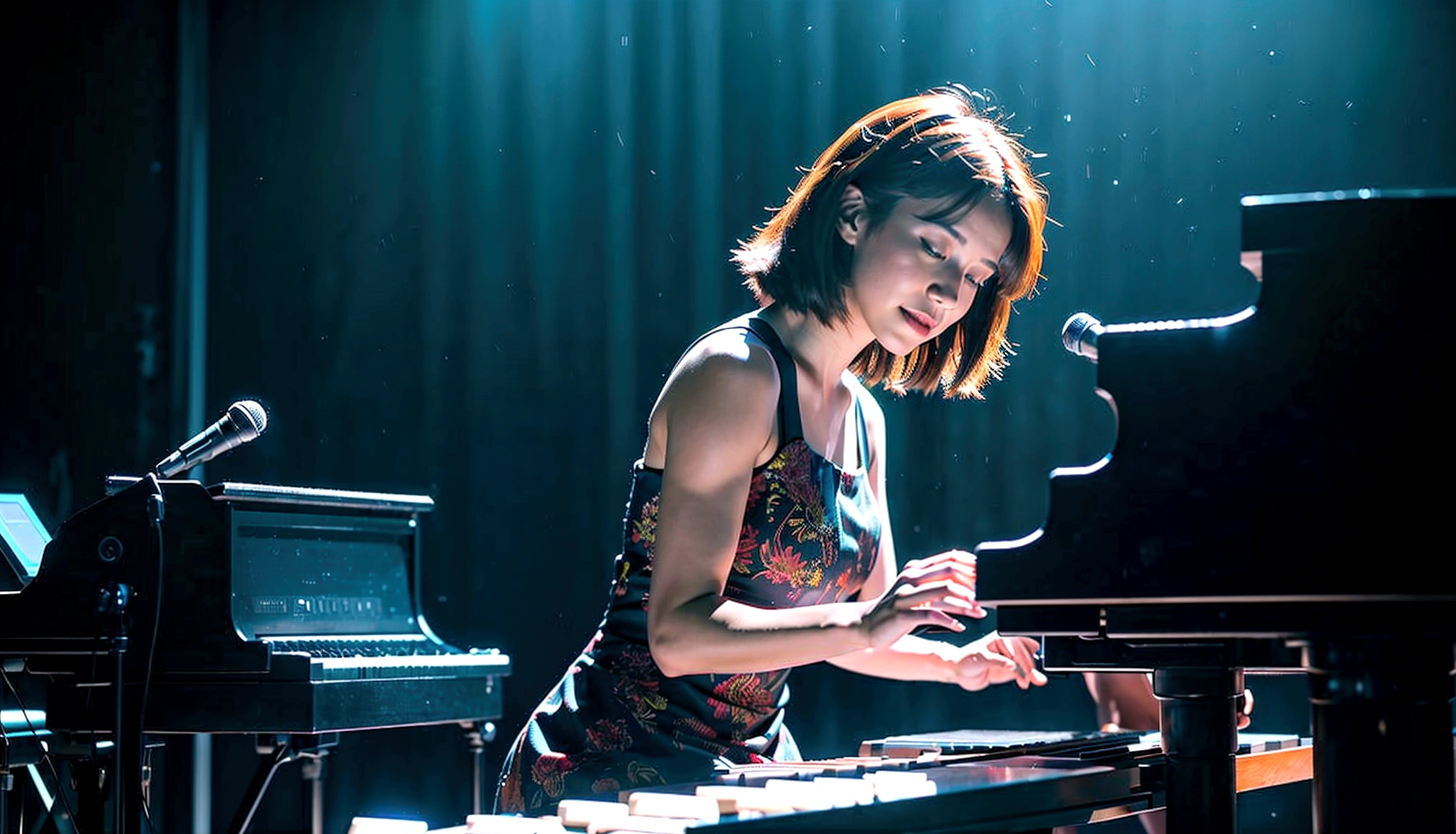 Woman playing keyboard。On stage