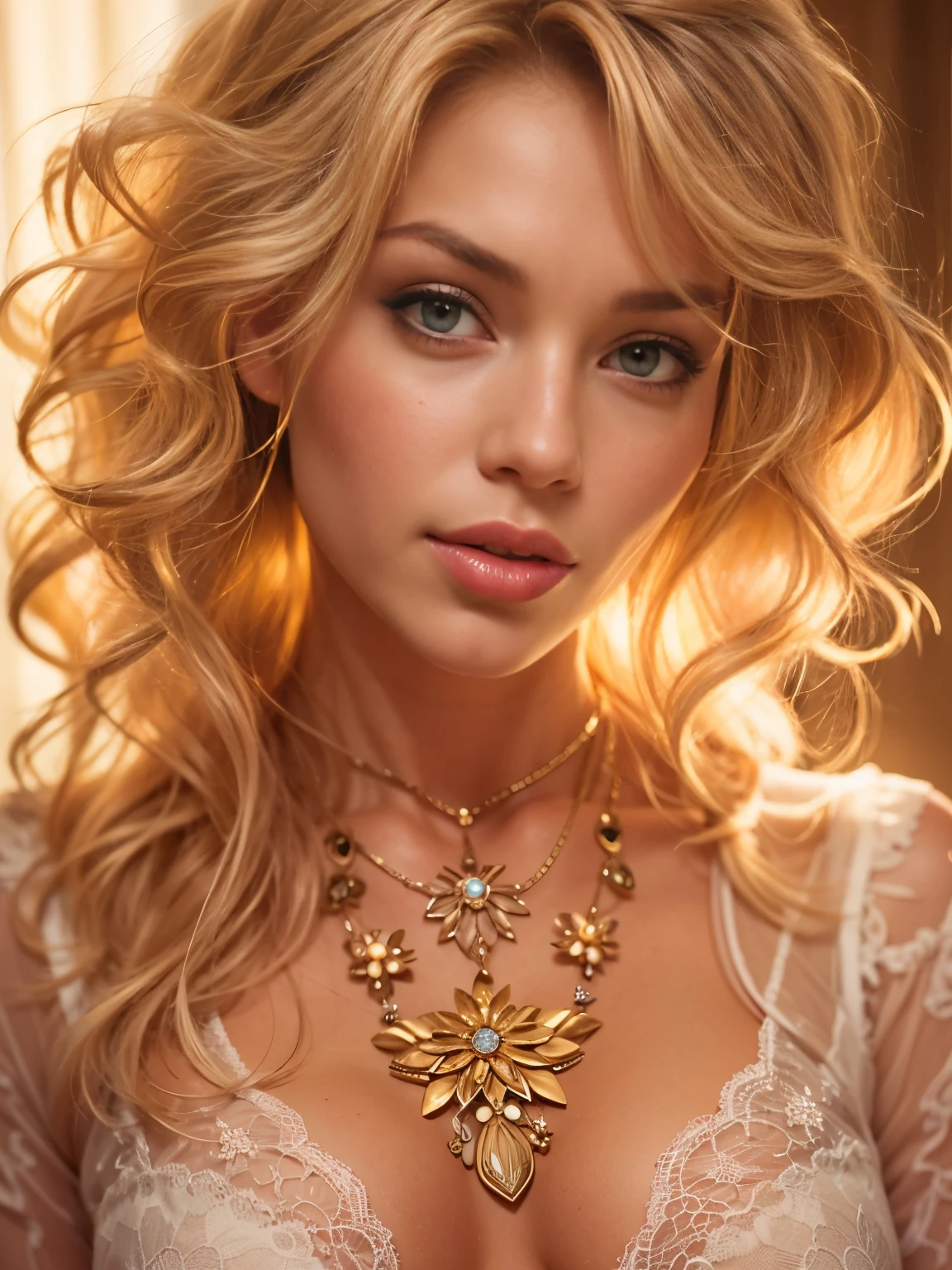 Close-up of a woman with long blonde hair in a tan blouse, Yelena Belova, gold jewelry, gold necklace, Victoria Gavrilenko, gorgeous woman, young beautiful woman, Julia Razumova style
