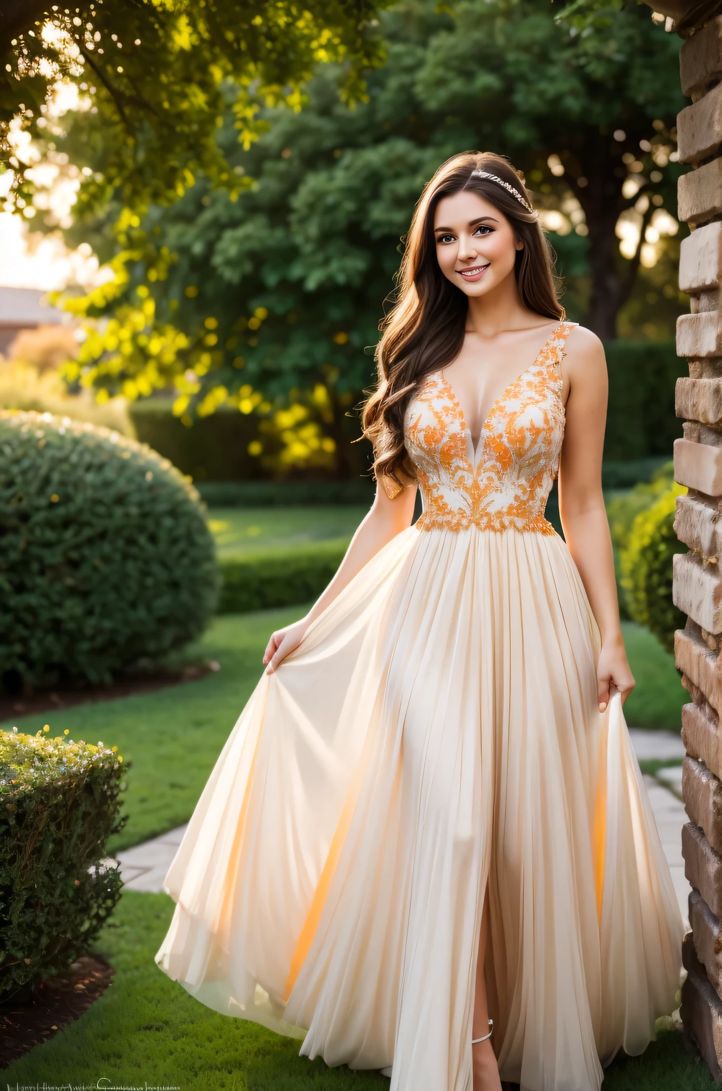 a beautiful American woman with white skin, long brown hair, she is in a beautiful garden smiling, she is wearing a light orange delicate haute couture dress. high quality photo full hd 4k