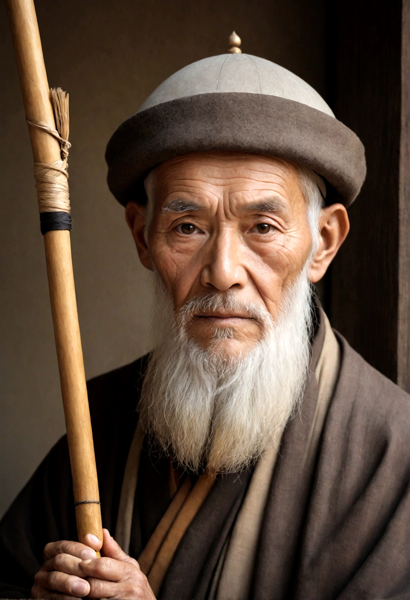 With a long beard,A man wearing a hat、Caucasian man with a stick, An elder, elder portrait, sharp portrait, Calm expression, Wise elder, Stunning Portraits, Beautiful Portrait, portrait photo of an elder, elder, a elder, Calm expression, Portrait of a monk, of an elder, Portrait of an elder, Perfectly centered portrait