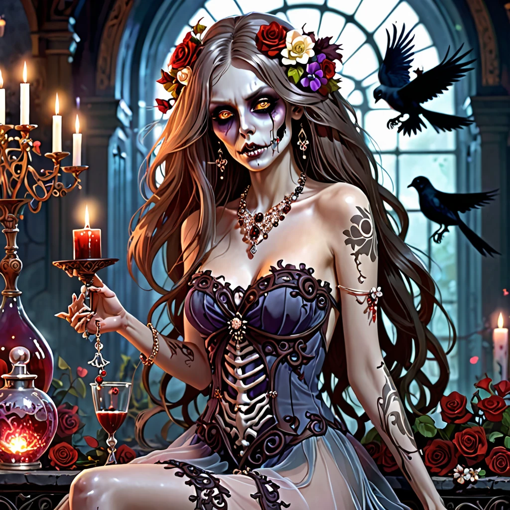 topless zombie girl, long bloody hair, seductive eyes, mysterious expression, mature appearance, charming sheer dress, flowing short dress, elegant jewelry, intricate decoration, magic symbols, glowing accessories, potions, scrolls, cute accents, bows, ribbons, flowers, birds, skeleton