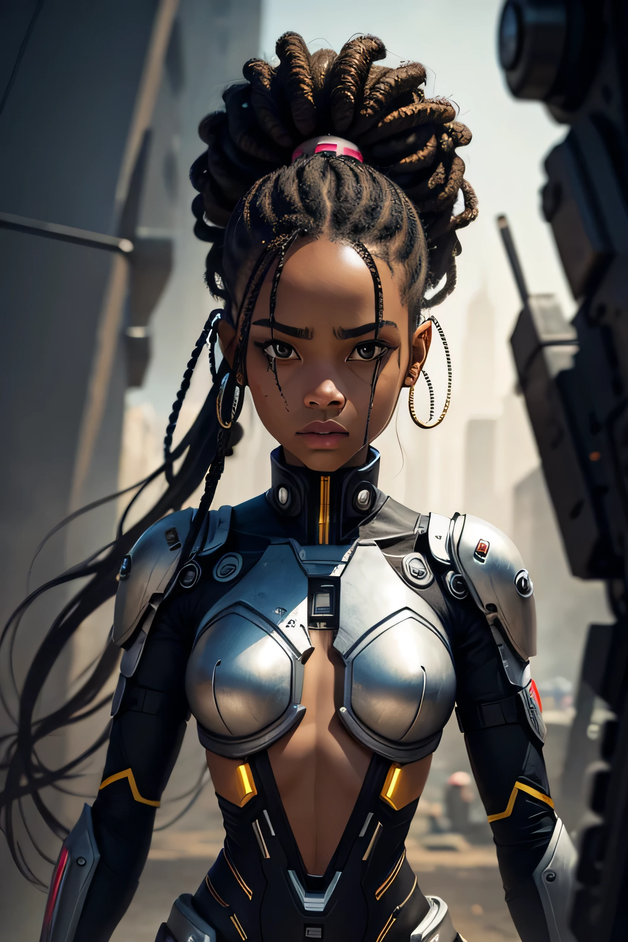 a girl, childish, black ethnicity, cyborg body, front view, wearing dreadlocks in her hair, front face, only face