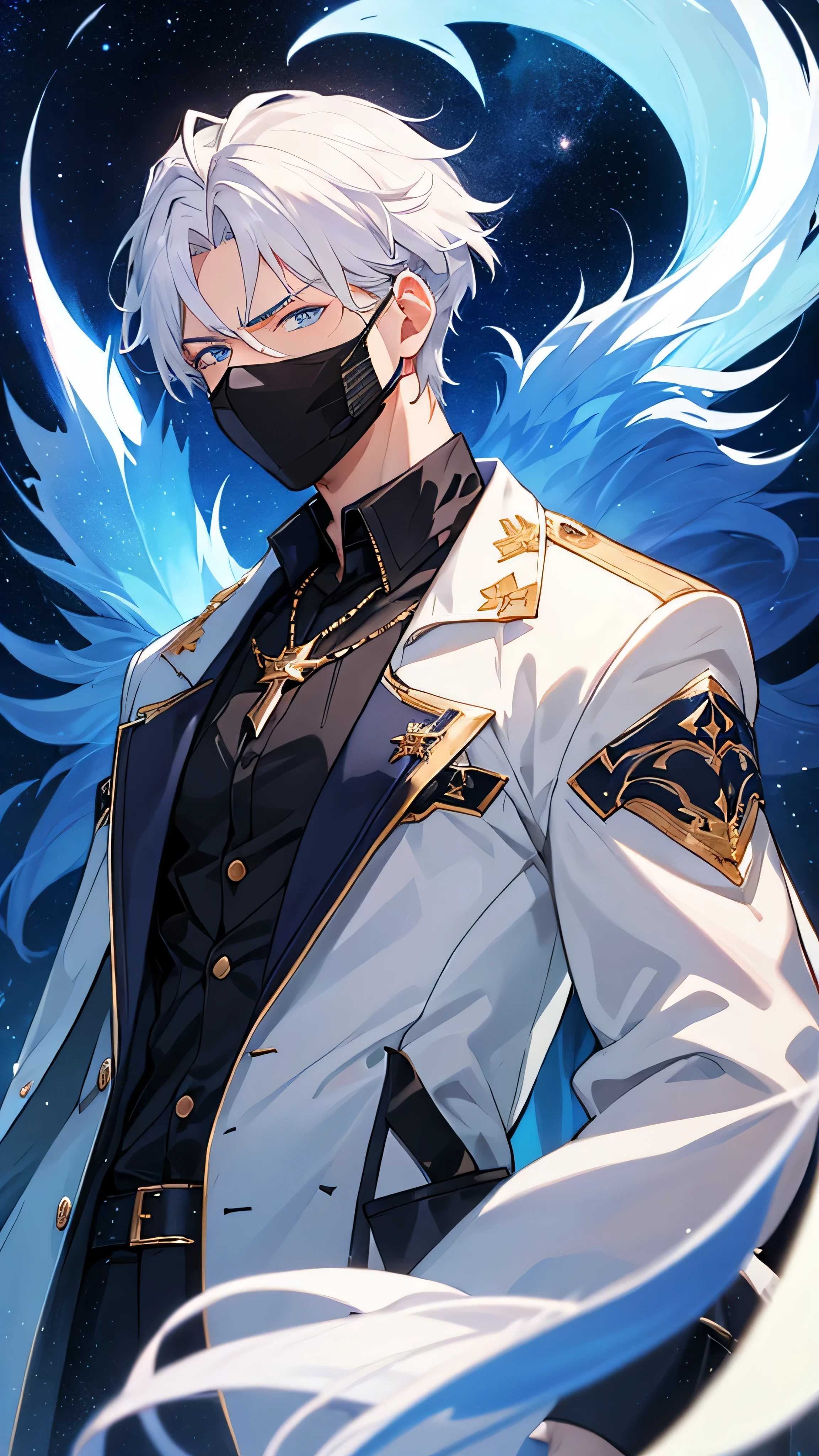 White haired devil，male，Cold，Melancholy，Blue eyes，Half face mask，Contempt for everything，one person，A little more handsome，Be more indifferent，A sense of technology，Background is starry sky