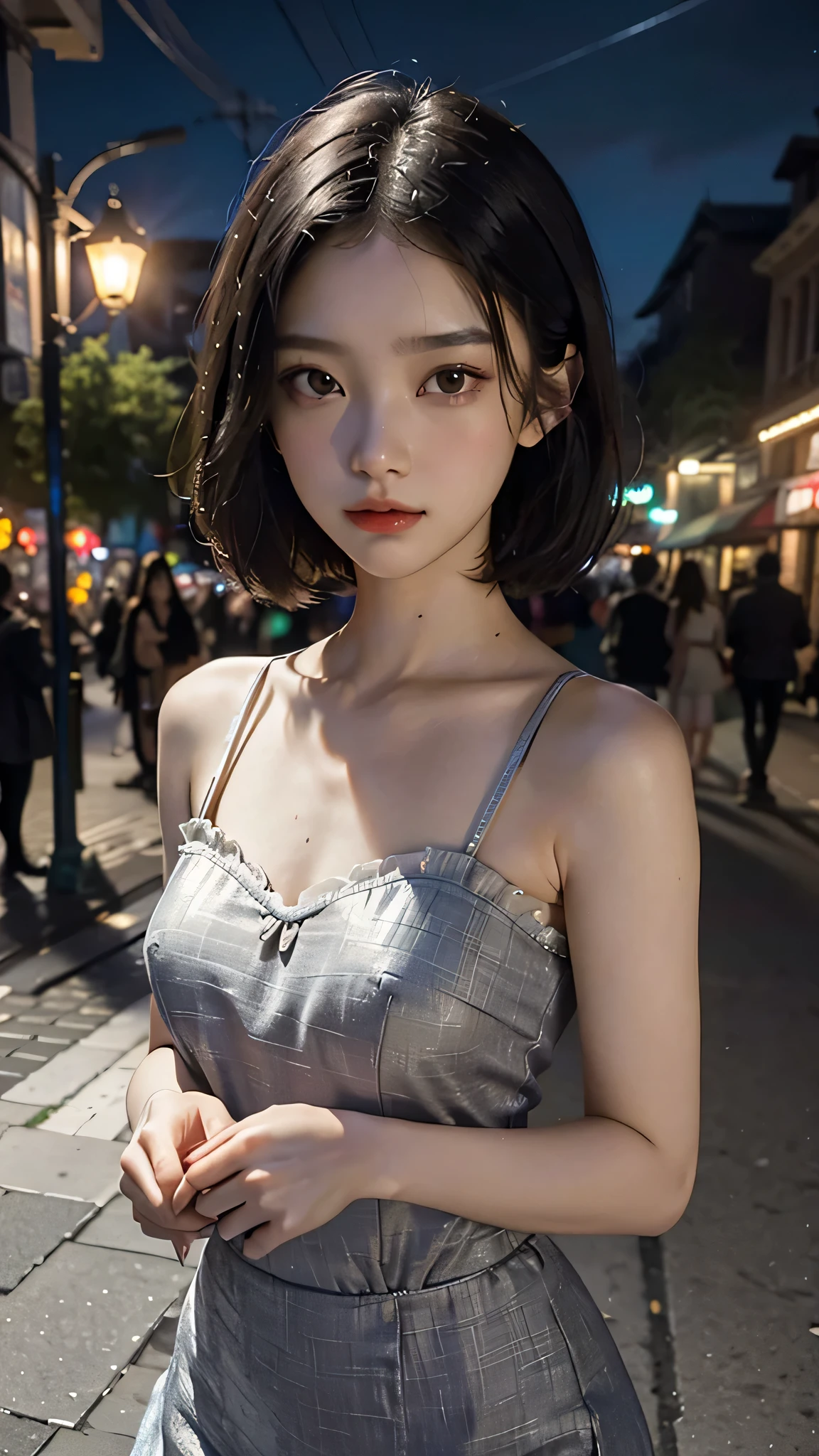 masterpiece, best quality, miranda, (halfbody shot,street lamps,moon),Masterpiece, 1girl, solo exhibition, beautiful woman on the bustling street, surrounded by hawkers, beautiful goddess girl portrait, beautiful and detailed face, porcelain skin, (((bust shot, center, night, black hair, short hair)), super soft lighting, symmetry, complexity, elegance, high detail, realism, art, concept art,