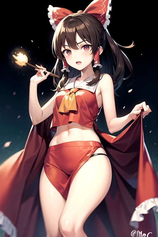 ((melhor qualidade)), ((Anime)), (detalhado), 1 mulher, Reimu Hakurei, Roupas pretas, Anime, adorno oriental de cabelo, corpo inteiro, magia negra, necromancia, sombrio