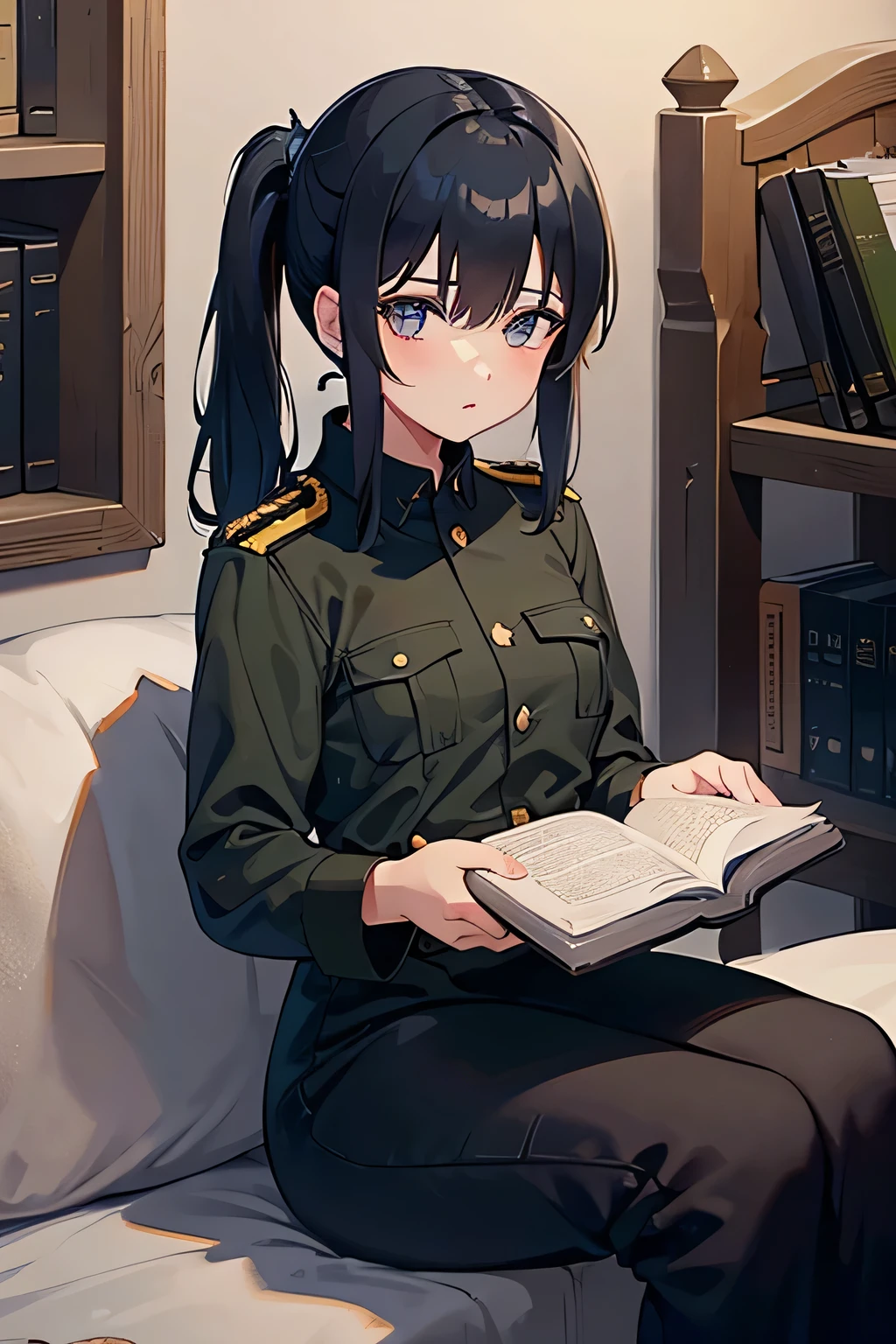 Black-haired girl in military uniform holding a book with a ponytail