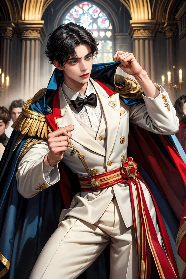 masterpiece, 最high quality, high quality, 1 boy, alone, Male focus, Watching the audience, Messy black hair, Adorable big blue eyes, White, Noble, Noble,Sexy voluminous cape、Tuxedo、A very voluminous, large, very large, very large, long, long red and black cape with a high stand-up collar, reaching down to the floor, made of a lot of fabric., 17 years old,Cute beautiful boys,Cute, cute, kind, handsome guy