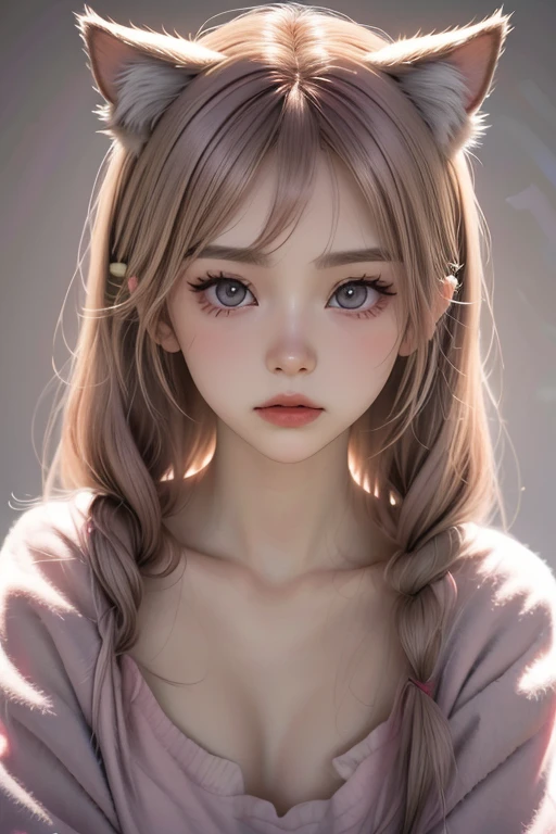 middle-aged woman, fluffy pink bunny slippers, (best quality, masterpiece: 1.2) , (tmasterpiece) , (very detailed CG unified 8k wallpaper) , (very pretty face), (beautiful, perfect makeup) full-body photo, fluffy cozy pink bunny onesie with ears, symmetrical face and eyes, dark heavy eyeliner, full body picture, blonde pigtails, cat ears, cozy, very pretty face, she looking hopelessly into the camera