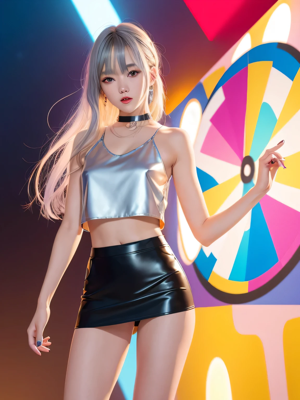 1 girl、long legs,Silver Hair、Dark brown eyes、Shining Eyes、Crop top、mini skirt、Parted lips、1woman wearing trendy clothes, in an abstract oil painting style, fashion show, The painting is ultra-high detailed and has a resolution of 8k, showcasing the best quality and craftsmanship,with a touch of fog, creating a mysterious atmosphere , luminous design, vivit colours,spring lights,Artistic,azure, red, (Bare legs:1.1), (black high heels), black short skirt
