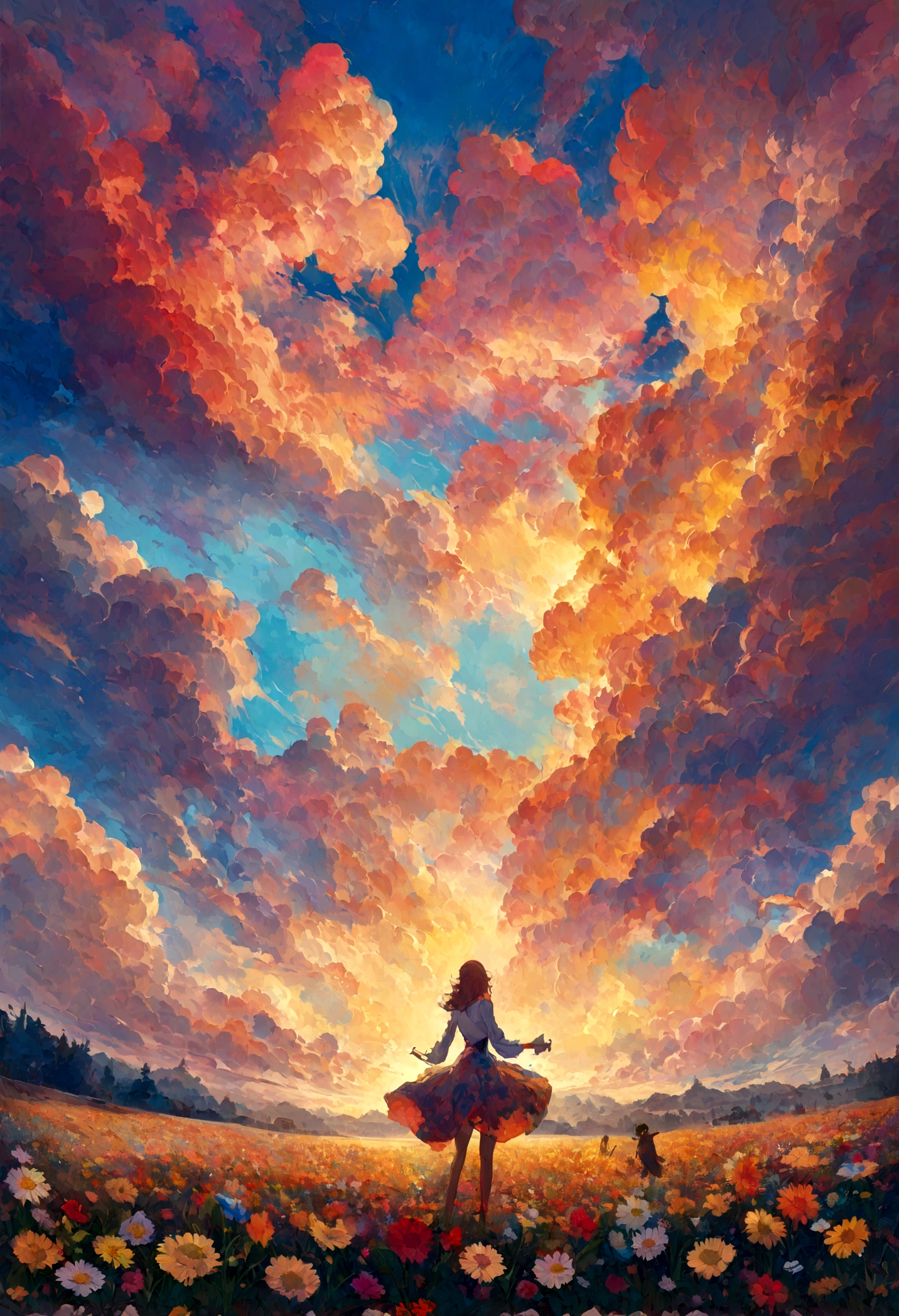 bouquet、Flower Field、bless、Toast、Euphoria、A painting of a sunset with big happy clouds floating in it, Surrealist paintings by Michael Sutphin, pixiv Contest Winner,, Explosions paint the sky, Greg Beeple, ,sunset, Psychedelic Cloud, Just a joke, Sunset Psychedelic, glowing clouds, Dreamscape painting, Burning Clouds、