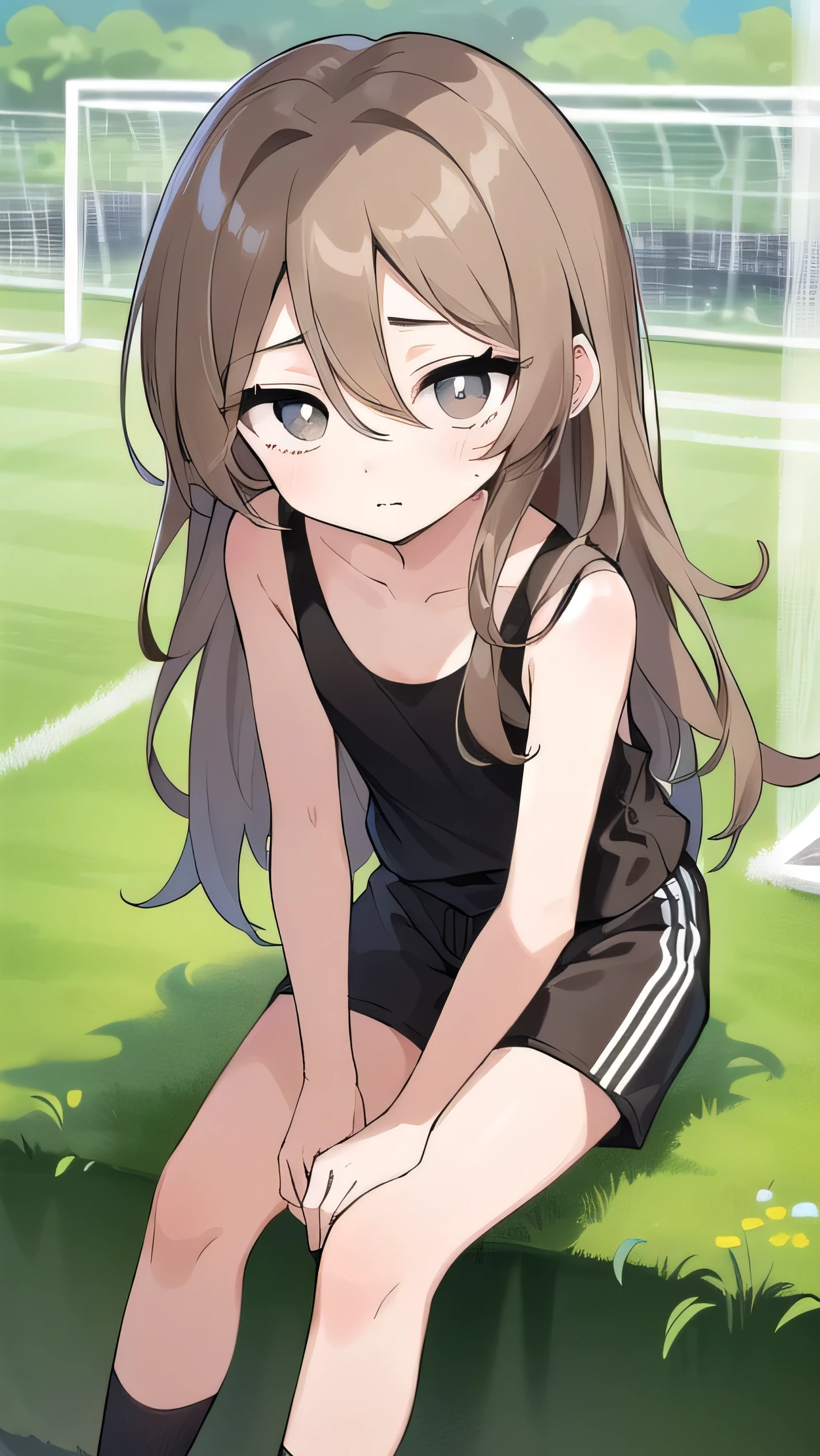 Girl, (light brown hair:1.5), (black eyes:1.1), (big eyes: 1.1), (sagging eyes: 1.5), (very long hair:1.1), hair between eyes,, black tank top, black shorts, white sneakers, (flat chest), (straight hair), very short, only , , , ,, (short height:1.3), young face , sleepy face, smooth straight hair, Soccer field, Doing crunches