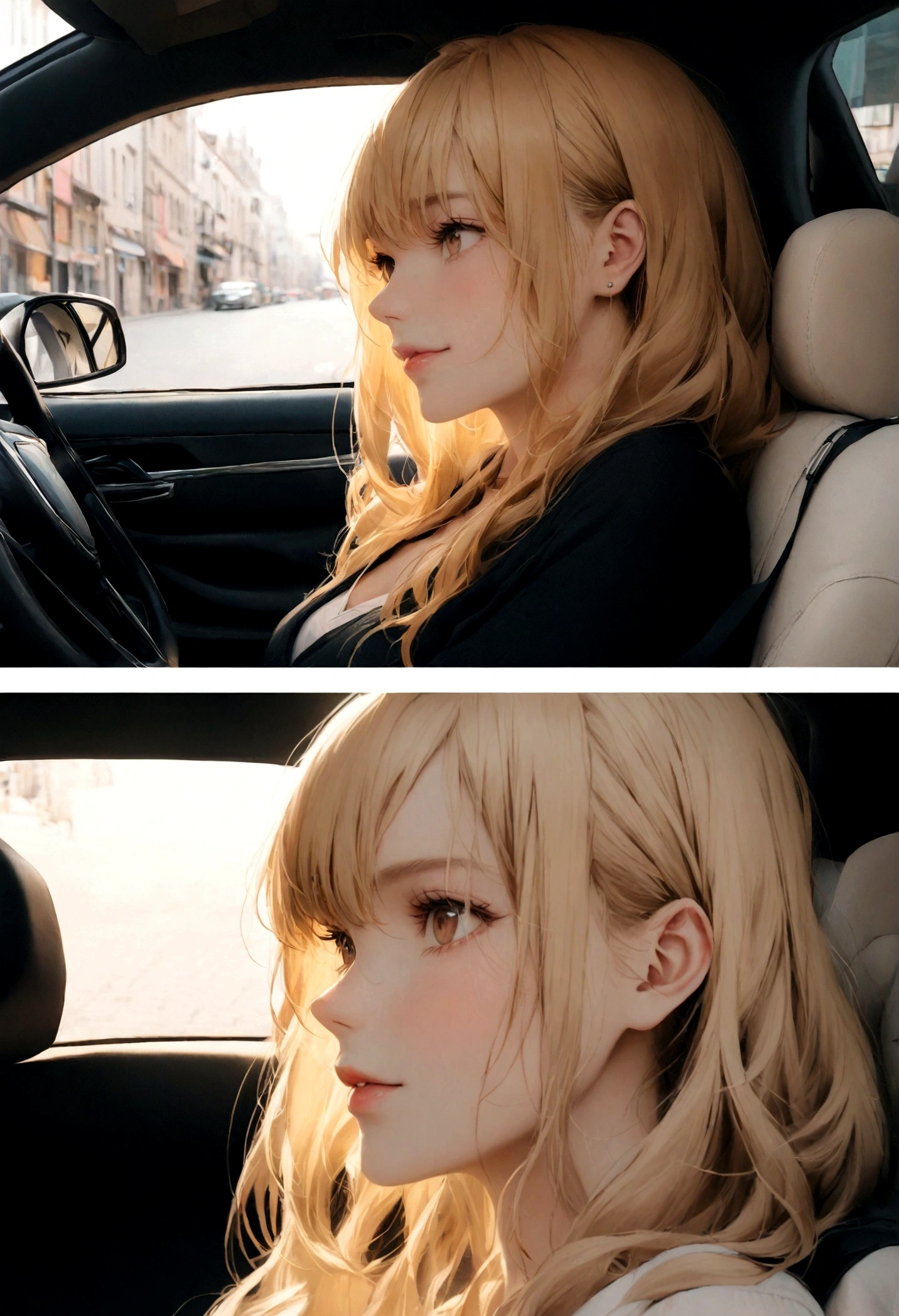 2 identical photo in the same place of a beautiful blonde woman in a car 